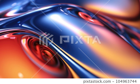 The close up of a glossy liquid surface abstract in red, yellow, and blue colors with a soft focus. Exuberant 3D illustration. 104963744