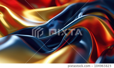 The close up of a glossy metal surface in navy blue, golden yellow, and deep red colors with a soft focus. Exuberant 3D illustration. 104963823
