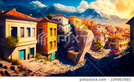 Painting of city with mountains in the background. Generative AI Painting of city with mountains in the background. Generative AI 104963985