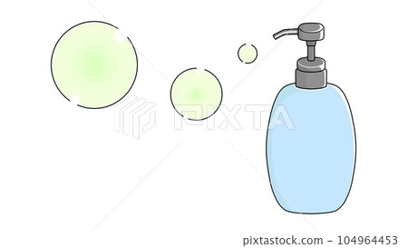 Bottle with pump and green soap bubbles Bottle with pump and green soap bubbles 104964453