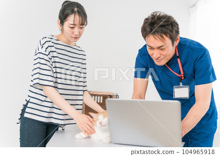 在動物醫院接受獸醫檢查的貓和主人的亞洲女人(寵物) 在動物醫院接受獸醫檢查的貓和主人的亞洲女人(寵物) 104965918