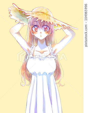 Long-haired girl wearing a straw hat Brown hair 104965996