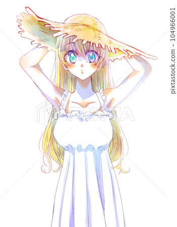 Long-haired girl wearing a straw hat holding her blonde hair blue eyes Long-haired girl wearing a straw hat holding her blonde hair blue eyes 104966001