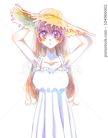 Long-haired girl wearing a straw hat Brown hair Long-haired girl wearing a straw hat Brown hair 104966002