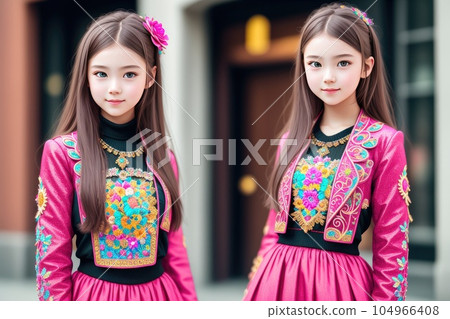 Two Beautiful young Asian women wearing the vintage traditional classical dress of in the past. Concept girl fashion portraits are meticulously designed in retro style. Generative AI Two Beautiful young Asian women wearing the vintage traditional classical dress of in the past. Concept girl fashion portraits are meticulously designed in retro style. Generative AI 104966408