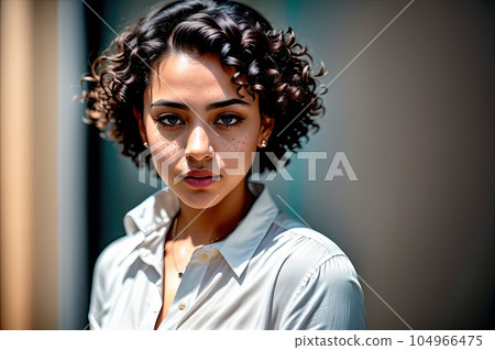 A mulatto woman in white blouse standing in office meeting room. Beautiful sexy dark curly hair young latino female employeer wearing casual street style. Looking at camera. Generative AI 104966475