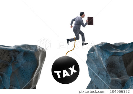 Concept of tax burden with businessman over chasm 104966552