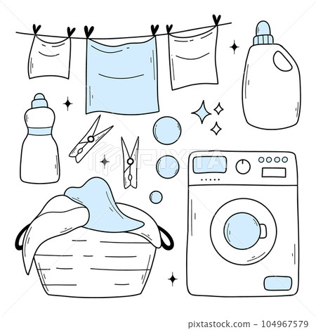 Set of laundry items in doodle style. Linear collection of laundry items. Vector illustration. Isolated elements on a white background. 104967579