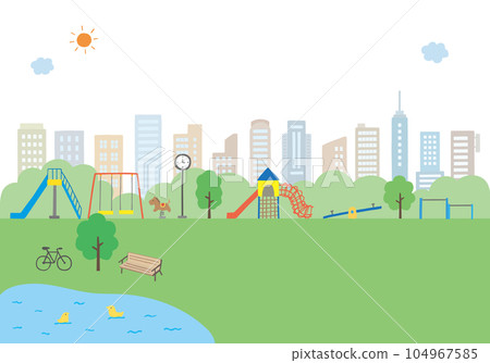 Park playground equipment and city hand-drawn illustration set Park playground equipment and city hand-drawn illustration set 104967585