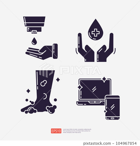 sanitize hand or using lotion, foam feet washing, laptop and smartphone disinfection. Clean and disinfect silhouette set icon. Vector illustration 104967854