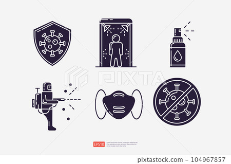 Virus protection, disinfection tunnel and worker, antiseptic spray bottle, medical face mask, forbidden sign with virus particle symbol. Clean and disinfect silhouette set icon. Vector illustration 104967857