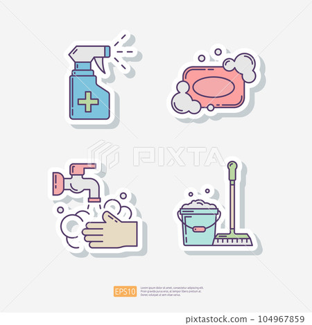 disinfection spray, soap bar and bubble, Washing hand, cleaning Bucket and broom. Clean and disinfect sticker set icon. Vector illustration 104967859