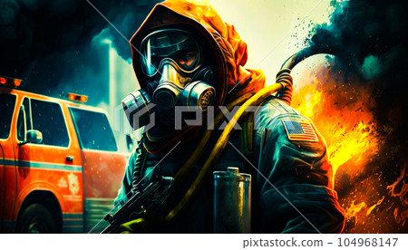 Man in gas mask and gas can in front of fire truck. Generative AI 104968147