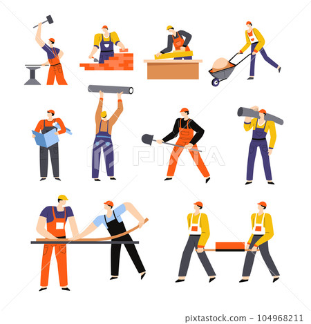 Building or construction works, builders and engineers with equipment isolated characters Building or construction works, builders and engineers with equipment isolated characters 104968211
