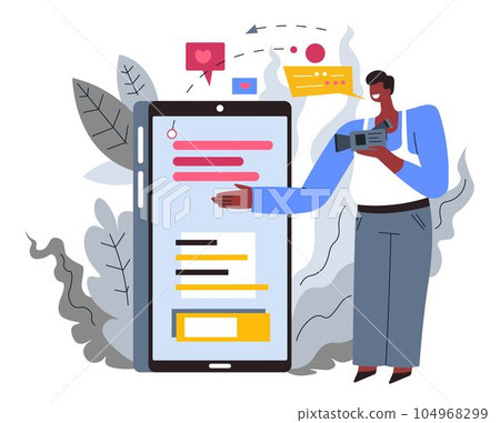 Guy making review on mobile device, blogger with video camera 104968299