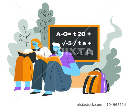 Chalkboard and textbooks, school children reading books, education Chalkboard and textbooks, school children reading books, education 104968314
