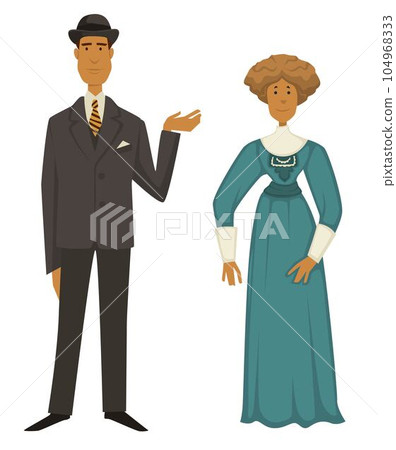 Retro fashion of 1910s, man in suit and hat, woman in dress with jabot 104968333