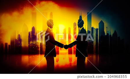 Two men shaking hands in front of city skyline. Generative AI 104968355