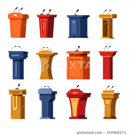 Tribune or debate podium, stage stand, rostrum with microphones 104968373