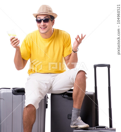 Happy young man going on summer vacation isolated on white 104968521