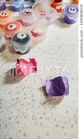 set for painting with acrylic paints on canvas as a creative hobby. 104968659