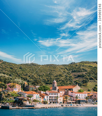 Collioure, France. Collioure Hilly Cityscape In Sunny Spring Day Collioure, France. Collioure Hilly Cityscape In Sunny Spring Day 104969148