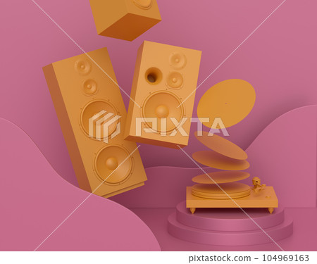 Abstract scene or podium with Hi-fi speakers and DJ turntable on monochrome 104969163