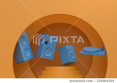 Abstract scene or podium with Hi-fi speakers and DJ turntable on monochrome 104969164