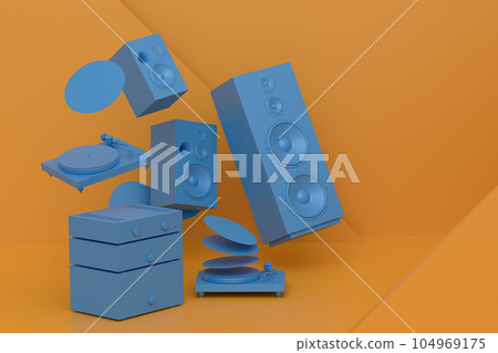 Abstract scene or podium with Hi-fi speakers and DJ turntable on monochrome Abstract scene or podium with Hi-fi speakers and DJ turntable on monochrome 104969175