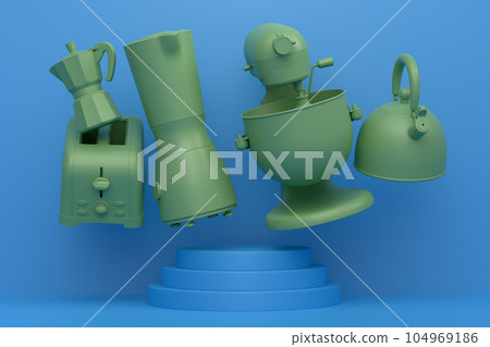 Abstract scene or podium with kitchen appliances and utensils on monochrome. Abstract scene or podium with kitchen appliances and utensils on monochrome. 104969186