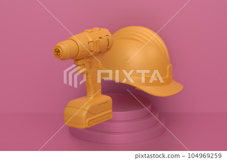 Abstract scene or podium with electric drill and helmet on monochrome background Abstract scene or podium with electric drill and helmet on monochrome background 104969259