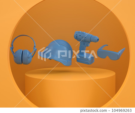 Abstract scene or podium with carpenters tools on monochrome background 104969263