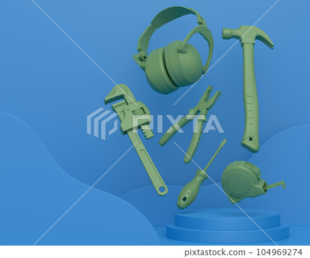Abstract scene or podium with carpenters tools on monochrome background 104969274