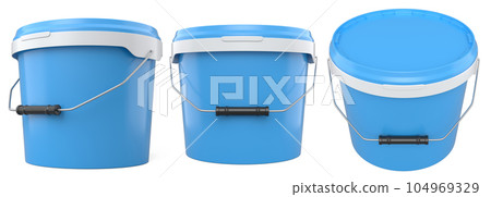 Set of plastic cans or buckets of paint with handle on white background. 104969329