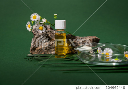 Labglass with swatch of moisturizer on Petri dish, a vial with cosmetic oil on background of chamomile flowers on a rock 104969448