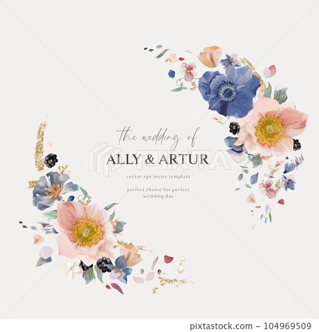 Floral wreath. Blue, blush pink anemone flowers, white hydrangea petals, blackberry, golden glitter bouquet. Editable vector watercolor illustration. Elegant wedding invite save the date card template 104969509
