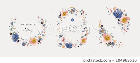 Lovely floral wreath set. Watercolor dusty blue, blush pink anemone flowers, white hydrangea petals, berries, golden glitter bouquet. Vector art illustration. Elegant wedding invite save the date card Lovely floral wreath set. Watercolor dusty blue, blush pink anemone flowers, white hydrangea petals, berries, golden glitter bouquet. Vector art illustration. Elegant wedding invite save the date card 104969510