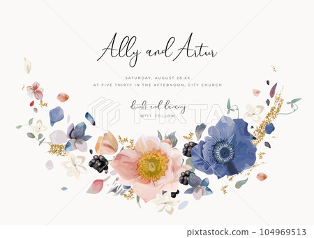 Elegant floral wreath. Lovely blue, blush pink anemone flower, white petals, berries, golden glitter watercolor bouquet decoration. Vector illustration. Stylish, art wedding invite, save the date card 104969513