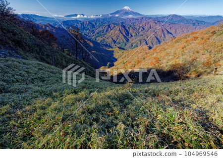 Mt.Fuji and the mountain range of colored leaves seen from the Tanzawa Mountains and the Hidomaru ridgeline Mt.Fuji and the mountain range of colored leaves seen from the Tanzawa Mountains and the Hidomaru ridgeline 104969546
