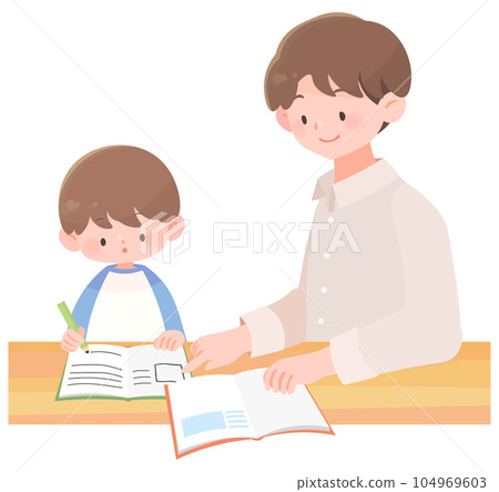 Studying child and father teaching home study Studying child and father teaching home study 104969603
