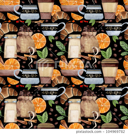 Watercolor hand drawn seamless pattern with coffee cups, beans, orange, cinnamon, croissant, bags. Isolated on dark background. For invitations, cafe, restaurant food menu, print, website, cards Watercolor hand drawn seamless pattern with coffee cups, beans, orange, cinnamon, croissant, bags. Isolated on dark background. For invitations, cafe, restaurant food menu, print, website, cards 104969782