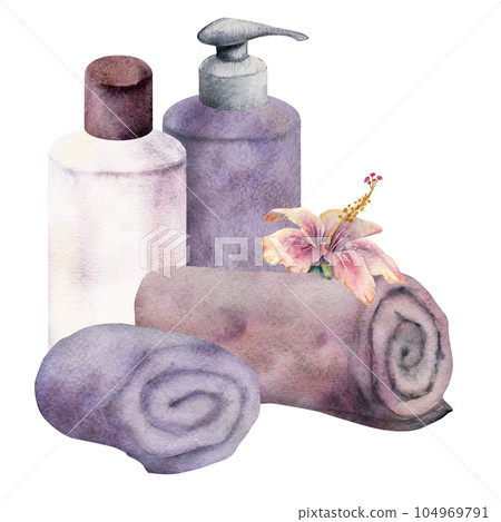 Hand drawn watercolor spa skincare towels bath beauty products package. Horizontal composition. Isolated on white background. Design for wall art, wellness resort, print, fabric, cover, card, booklet. Hand drawn watercolor spa skincare towels bath beauty products package. Horizontal composition. Isolated on white background. Design for wall art, wellness resort, print, fabric, cover, card, booklet. 104969791