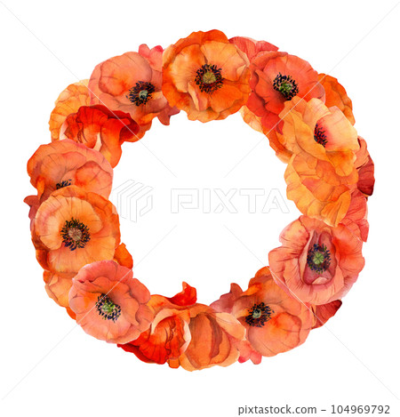 Watercolor wreath circle frame composition with hand drawn summer bright red poppy flowers. Isolated on white background. Design for invitations, wedding, love or greeting cards, paper, print, textile 104969792