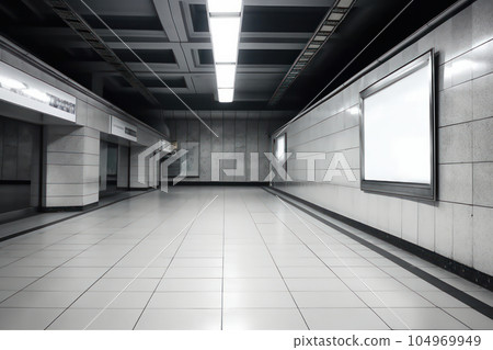 A lonely and desolate feeling fills this abandoned subway station with a blank TV mockup on the wall. is AI Generative 104969949