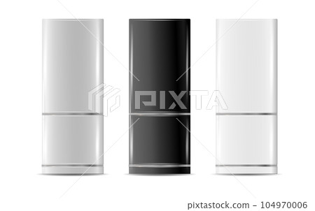 Modern fridges. Realistic silver coolers, refrigerators of different size for home or restaurant kitchen and cold products storage. Vector 104970006