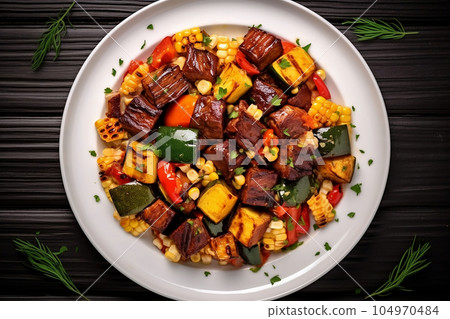 Stew of vegetables and meat on the grill in a plate 104970484