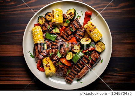 Plate with grilled vegetables and meat 104970485
