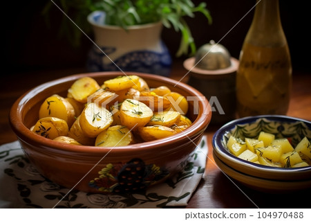 Pieces of fried potatoes in a plate 104970488
