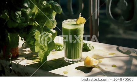 Green smoothie with lemon and straw on the table Green smoothie with lemon and straw on the table 104970503