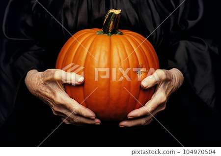 The old woman's hands are holding a round pumpkin The old woman's hands are holding a round pumpkin 104970504